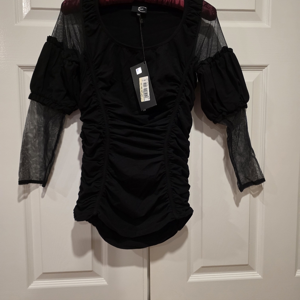 Stylish Black Ruch Shirt with Sheer Accents - Picture 4 of 4